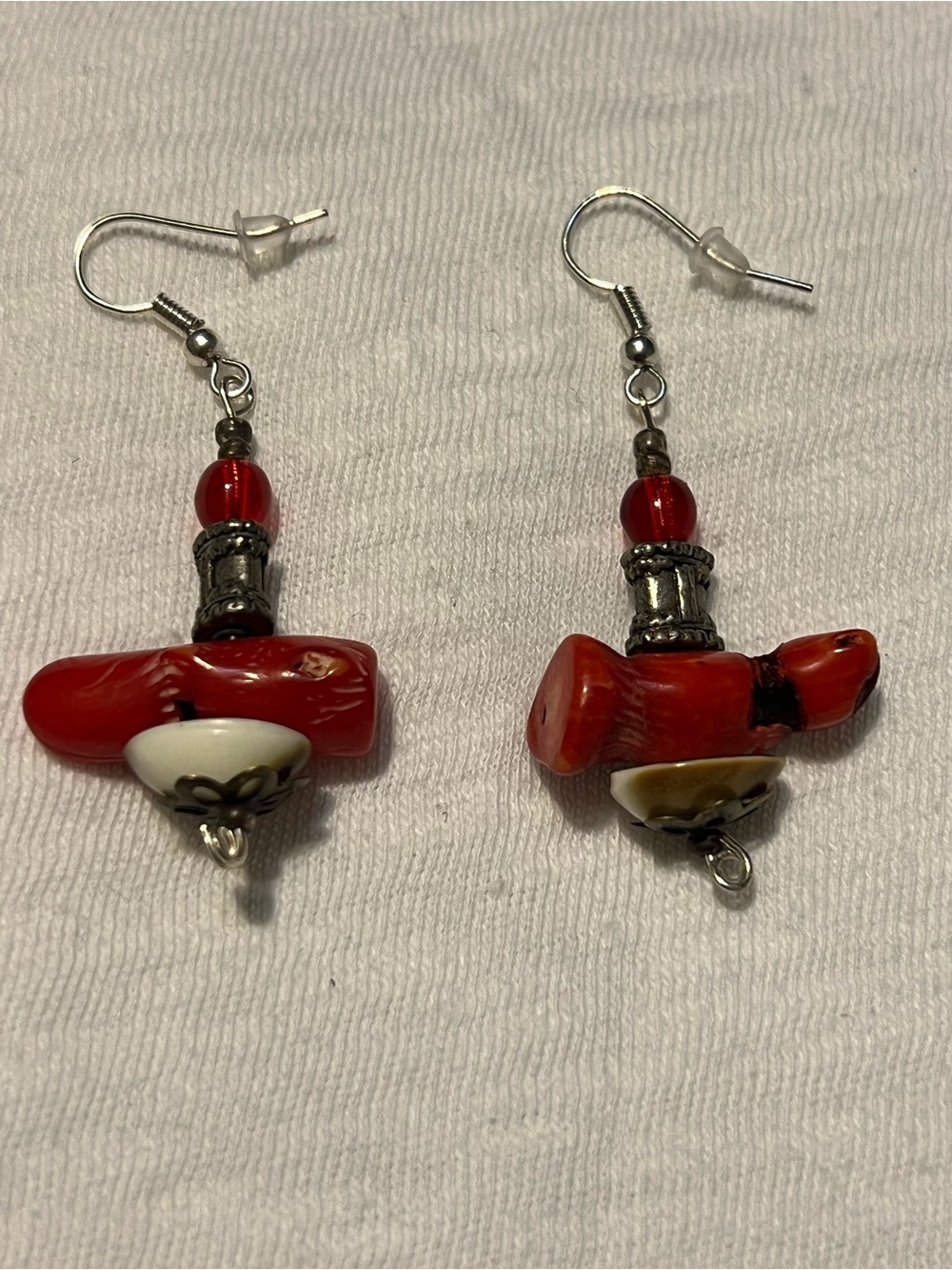 Handcrafted Red Bead Dangle Earrings with White Accent -